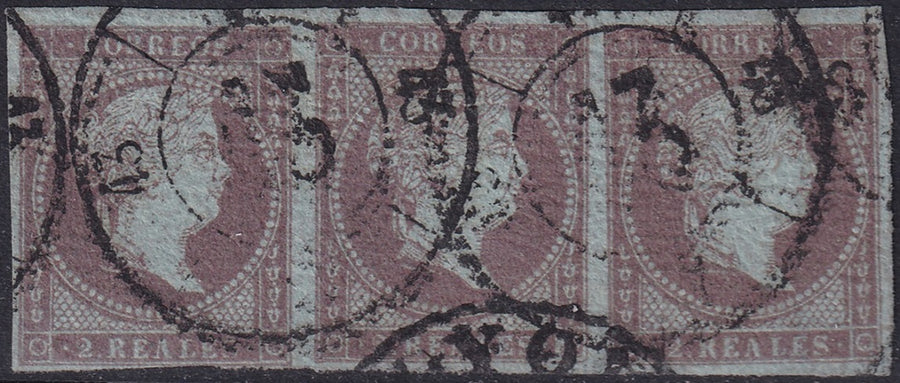 Spain 1855 Sc 39b strip of 3 used "43" (Santander) cartwheel (rueda) cancels