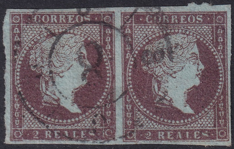 Spain 1855 Sc 39a pair used "8" (Valencia) cartwheel (rueda) cancels