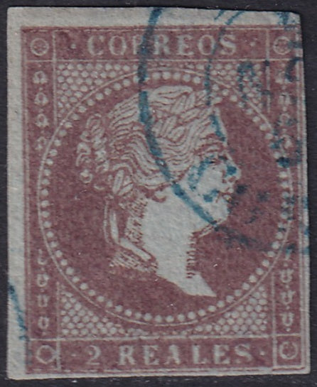 Spain 1855 Sc 39 used blue date (fechador) cancel