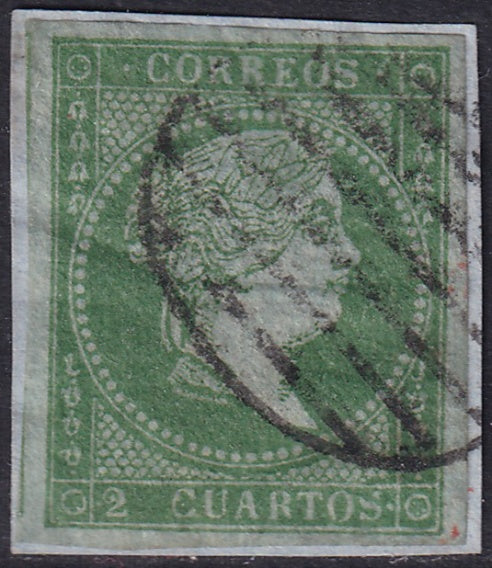 Spain 1855 Sc 36 used grill (parrilla) cancel on piece missing dot variety