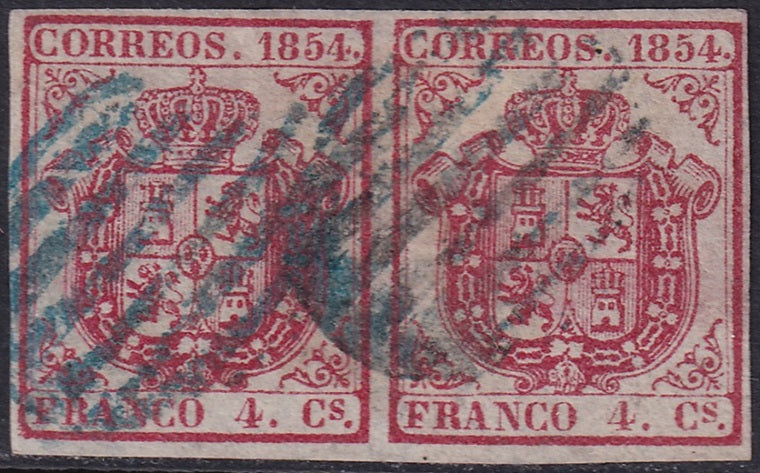 Spain 1854 Sc 25 pair used blue grill (parrilla) cancels