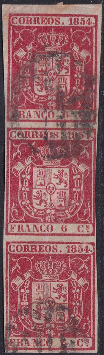 Spain 1854 Sc 26 strip of 3 used grid (parrilla) cancels