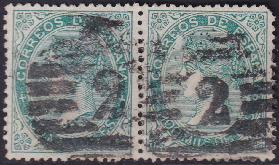 Spain 1868 Sc 101 pair used parrilla con cifra "2" (Barcelona) cancels