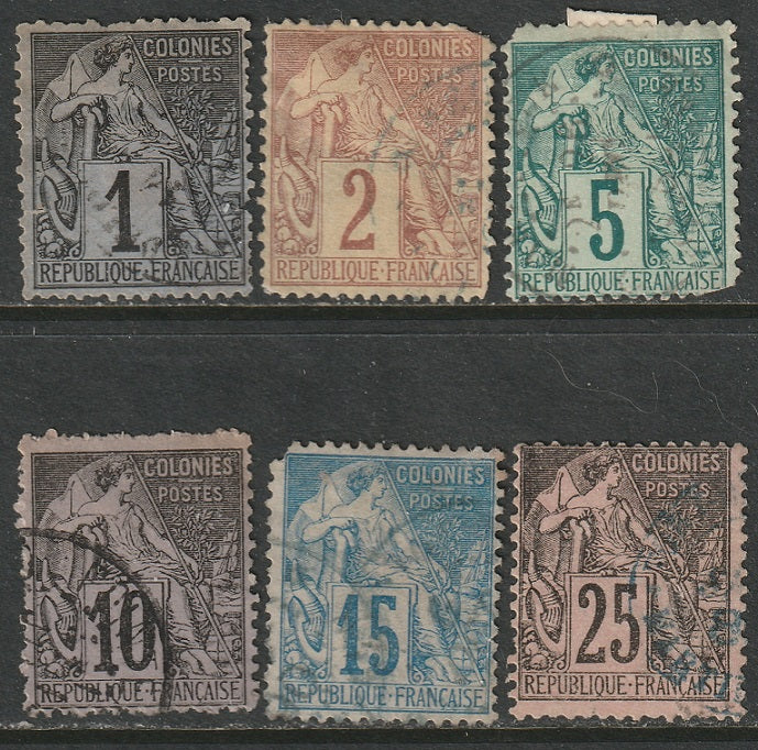 French Colonies 1881 Sc 46-7,49-51,54 partial set used most with faults