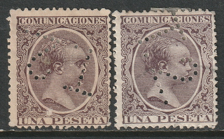 Spain 1889 Sc 268 pair used "T2" perfin