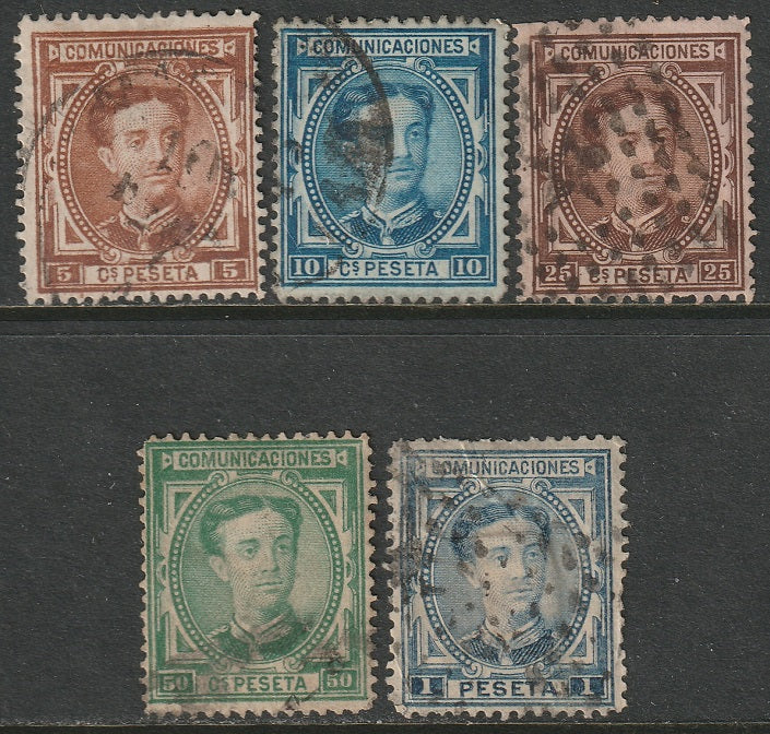 Spain 1876 Sc 222-3,225,227-8 partial set used