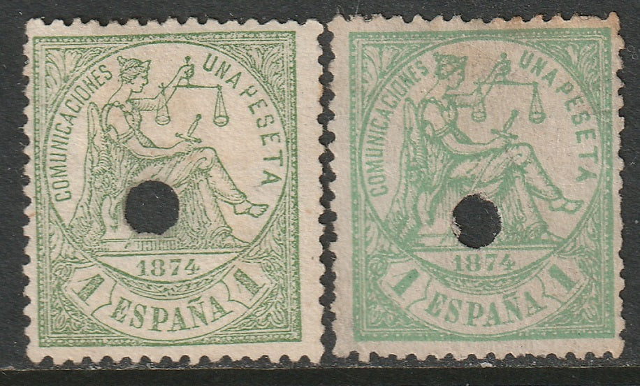 Spain 1874 Sc 208, 208a shades telegraph cancels