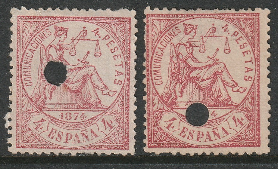 Spain 1874 Sc 209,209a shades telegraph cancels