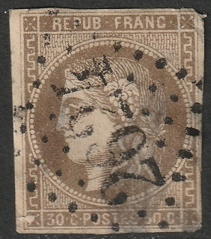 France 1870 Sc 46 used faulty "2624" (Nesle) cancel large thins