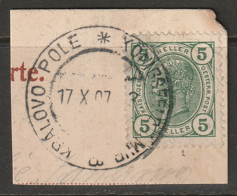 Austria 1905 Sc 89 used Konigseld/Kralovo Pole CDS on piece