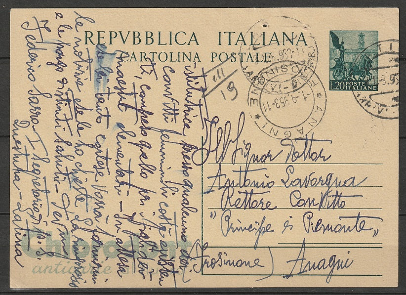 Italy 1953 20 lire postcard/cartolina postale to Anagni