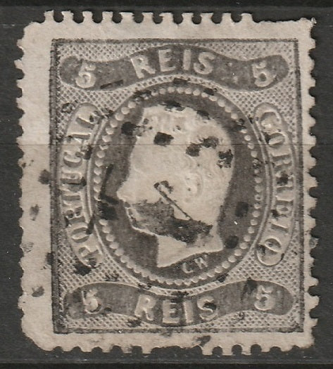 Portugal 1867 Sc 25 used 1 (Lisboa) cancel tear at embossing