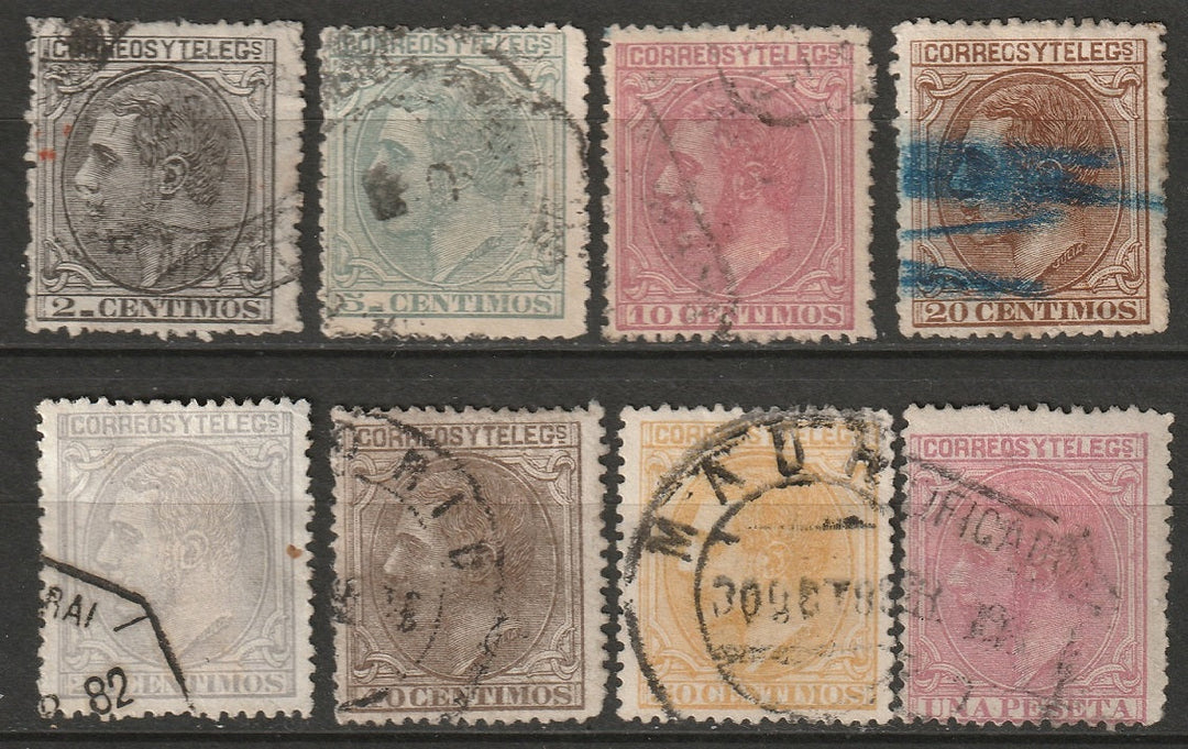 Spain 1879 Sc 242-7,248a-9 partial set used