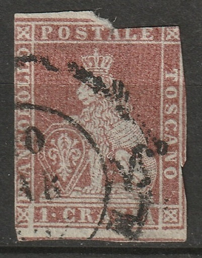 Italy Tuscany 1851 Sc 4a used damaged brown carmine