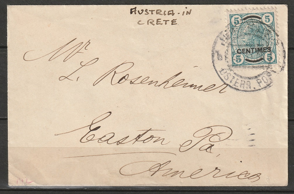 Austria Offices Crete 1906 Sc 8a cover mailed from Jerusalem to Easton PA USA