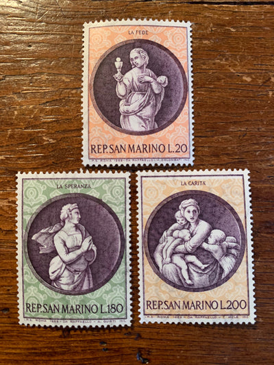 San Marino Christmas - Original Vintage Postage Stamps- 1964- Faith, Hope, Charity