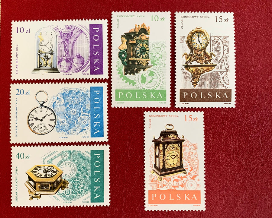 Poland - Original Vintage Postage Stamps - 1988 - Clocks