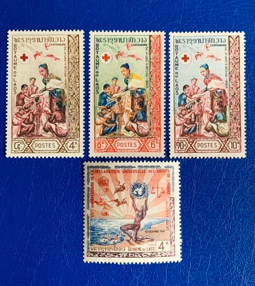 Laos - Original Vintage Postage Stamps- 1963 Red Cross & Human Rights