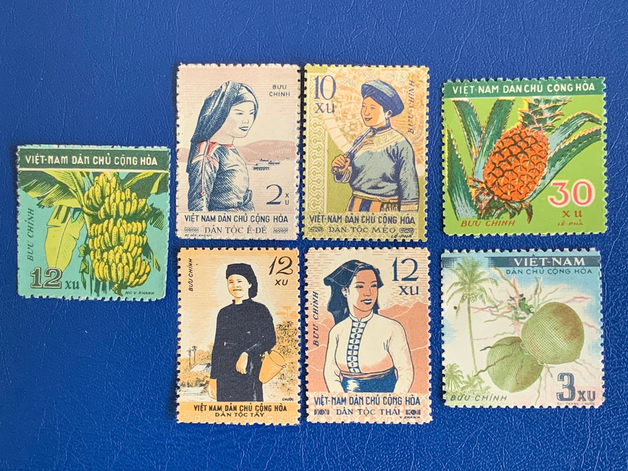 Vietnam- Original Vintage Postage Stamps- 1963/64 Ethnic Costumes & Fruit
