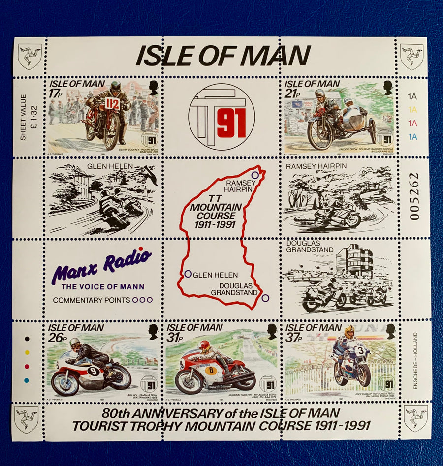 Isle of Man - Original Vintage Postage Stamps - 1991 - Souvenir Sheet - 80th Anniversary of Tourist Trophy Motorcycle Races