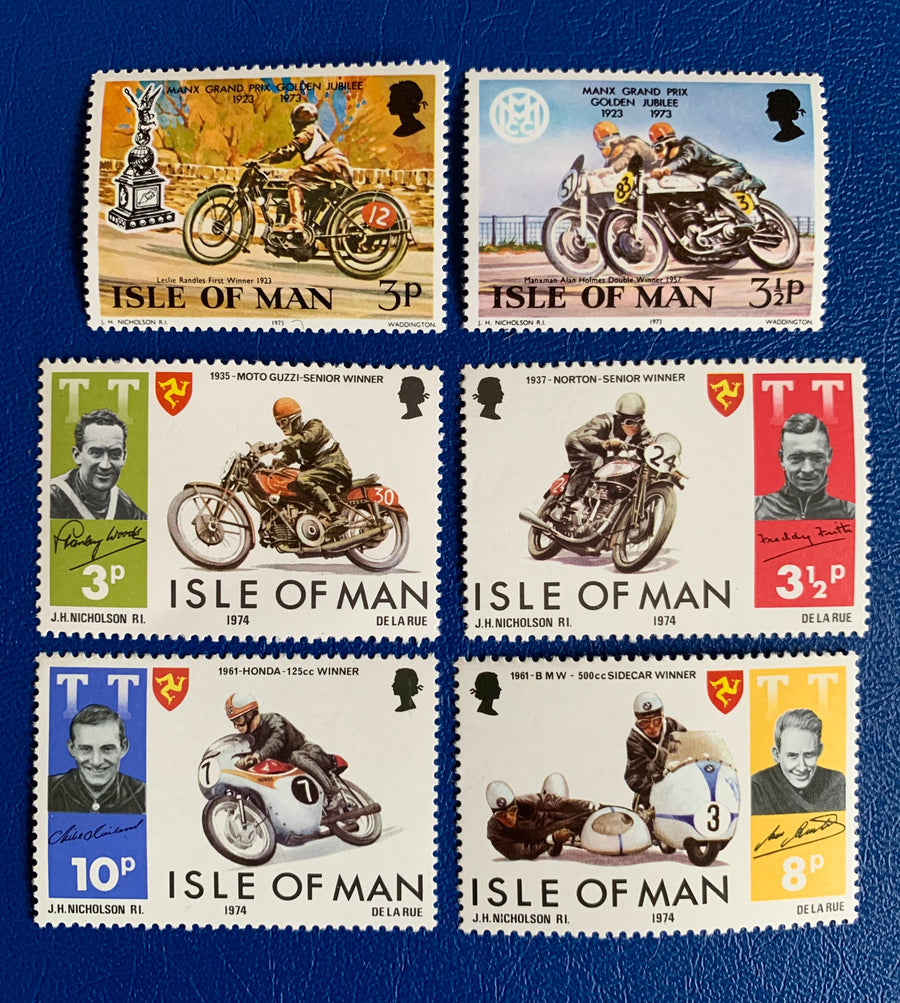 Isle of Man - Original Vintage Postage Stamps - 1973-74 Golden Jubilee of Manx Grand Prix & Tourist Trophy Motorcycle Races