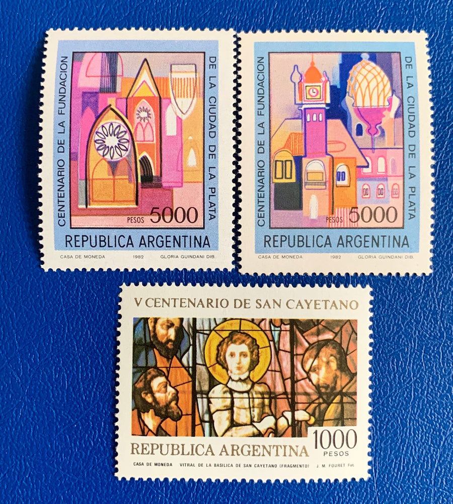 Argentina - Original Vintage Postage Stamps- 1981-82 Centenary La Plaza & St. Cayetano Stained Glass - for the collector, artist or crafter