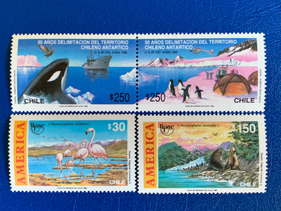 Chile - Original Vintage Postage Stamps- 1990 Nature at time of Discovery & 50th Ann. Delimitation of Chilean Antarctic Territory