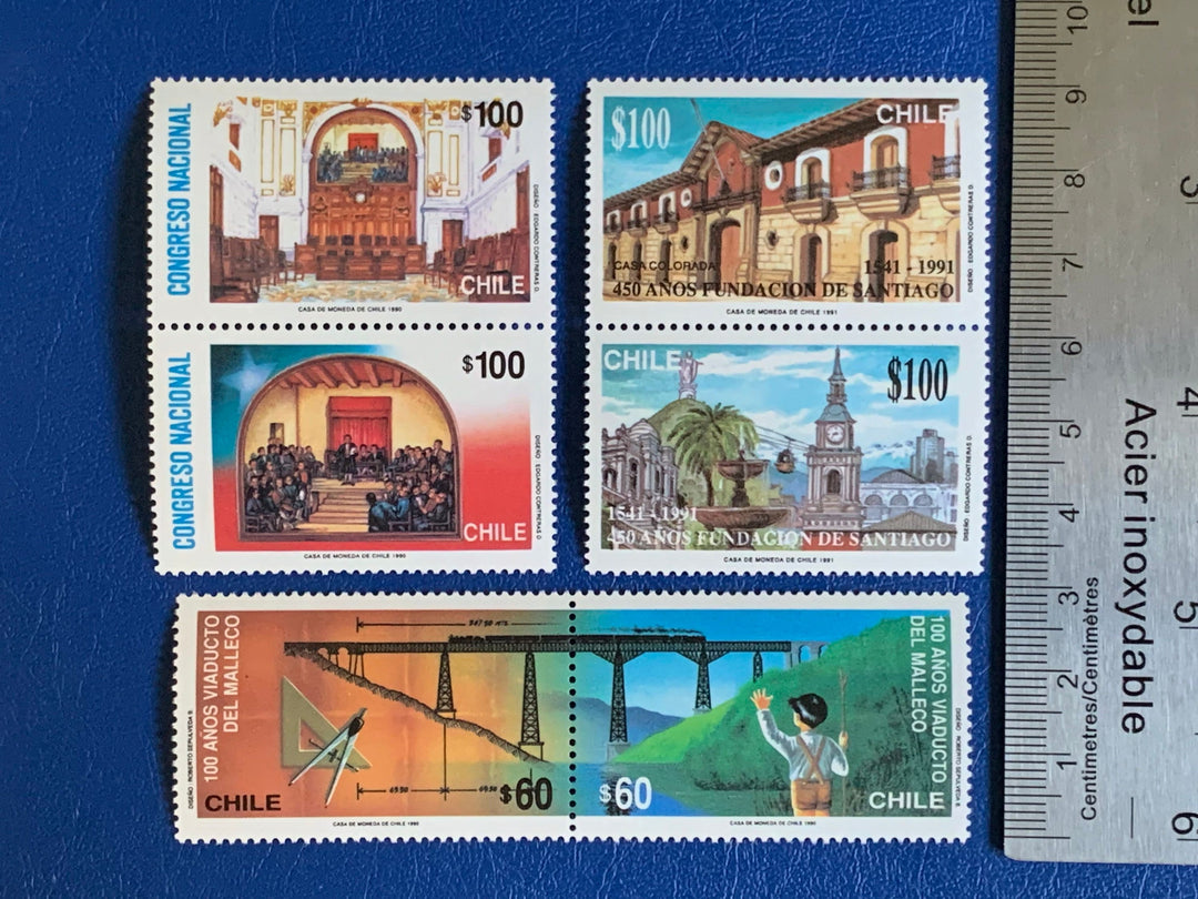 Chile - Original Vintage Postage Stamps- 1990/91 National Congress, Santiago Buildings, Malleco Viaduct