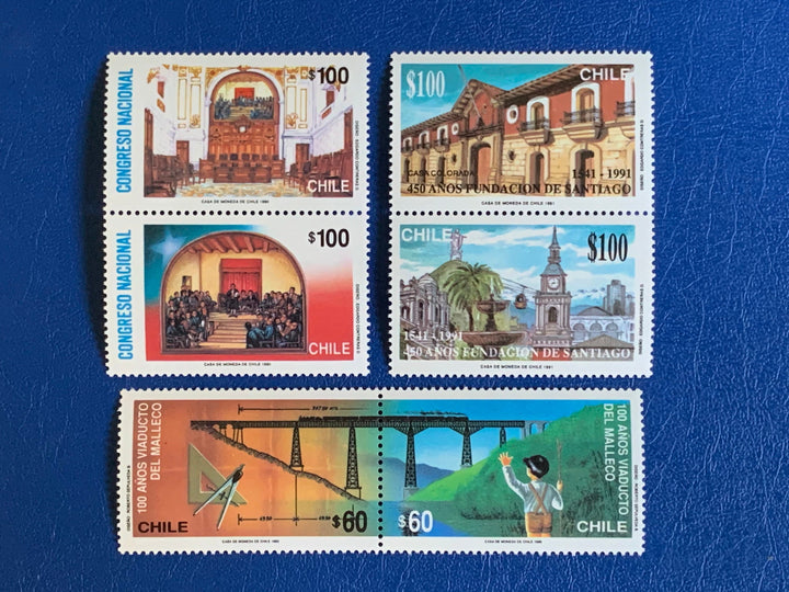 Chile - Original Vintage Postage Stamps- 1990/91 National Congress, Santiago Buildings, Malleco Viaduct