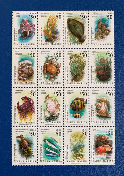 Chile - Original Vintage Postage Stamps- 1991 Marine Life Stamp Sheet (16 Stamps) - for the collector, artist or crafter