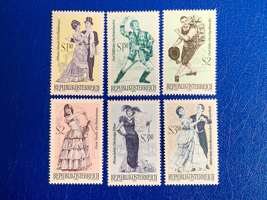 Austria - Original Vintage Postage Stamps - 1970 Operettas - for the collector, artist or crafter - scrapbooks, journals, decoupage