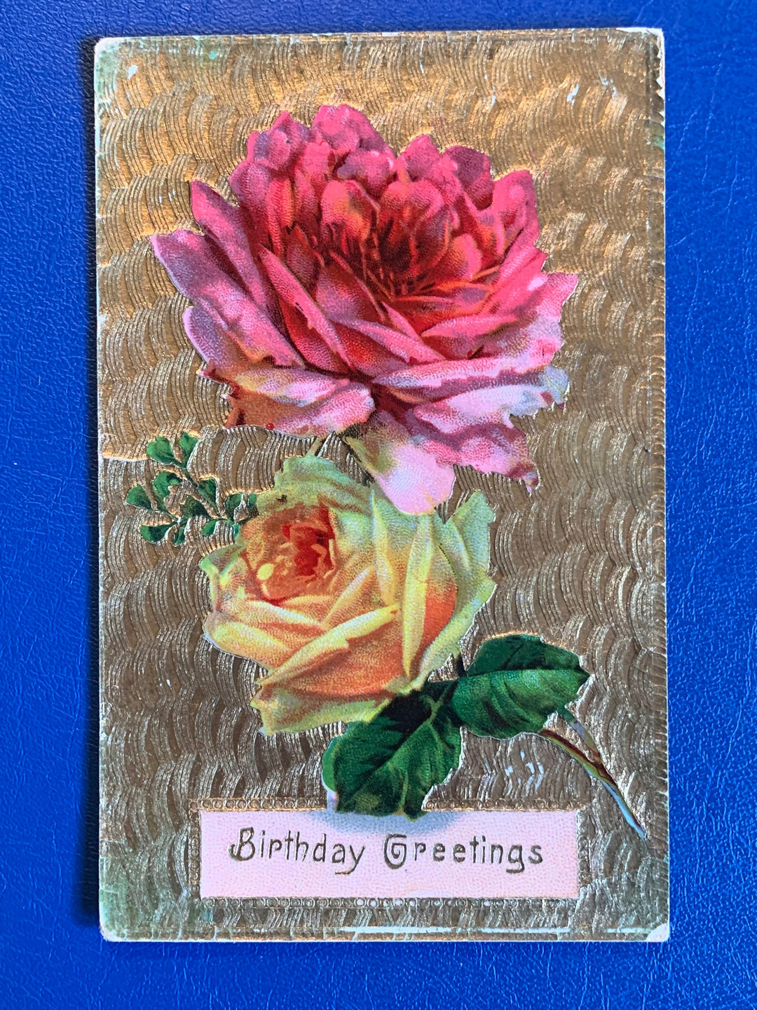 Vintage/Antique Birthday Greeting Postcard - Unused - Ornate Gold with Roses - 1920s