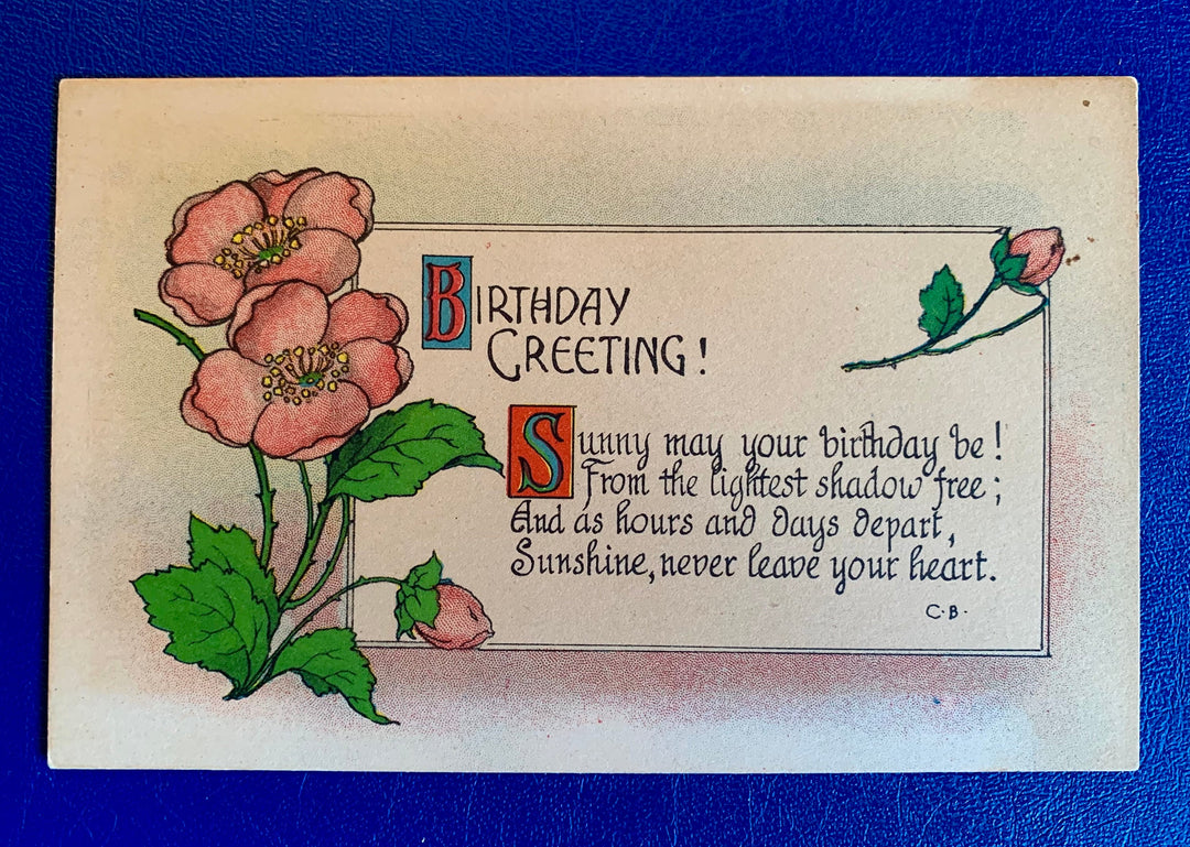 Vintage/Antique Birthday Greeting Postcard - Unused - 1920s Flower & Verse
