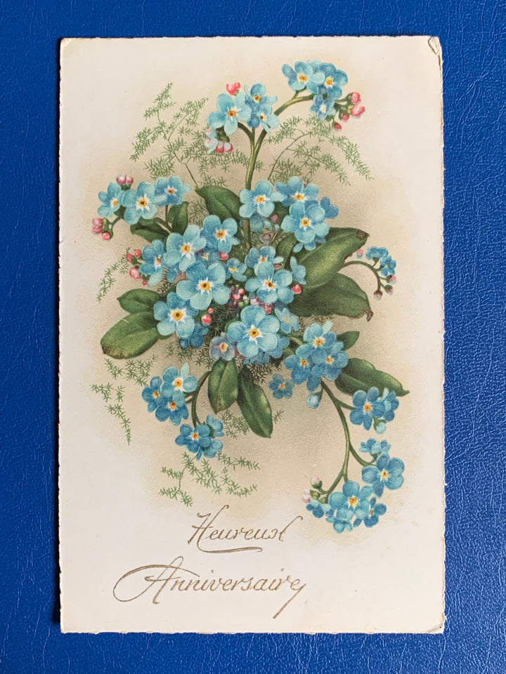 Vintage/Antique French Birthday Greeting Postcard - Unused - 1920s Forget me Nots