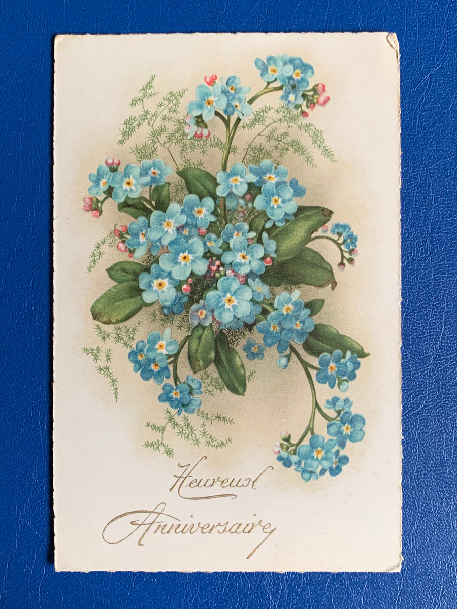 Vintage/Antique French Birthday Greeting Postcard - Unused - 1920s Forget me Nots