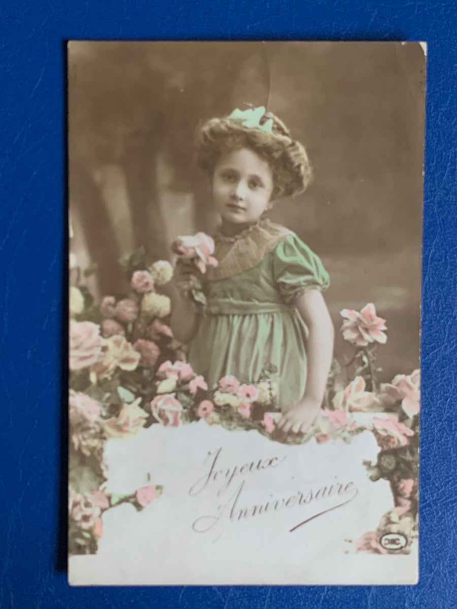 Vintage/Antique French Birthday Greeting Postcard - Unused - 1920s Little Flower Girl Tinted