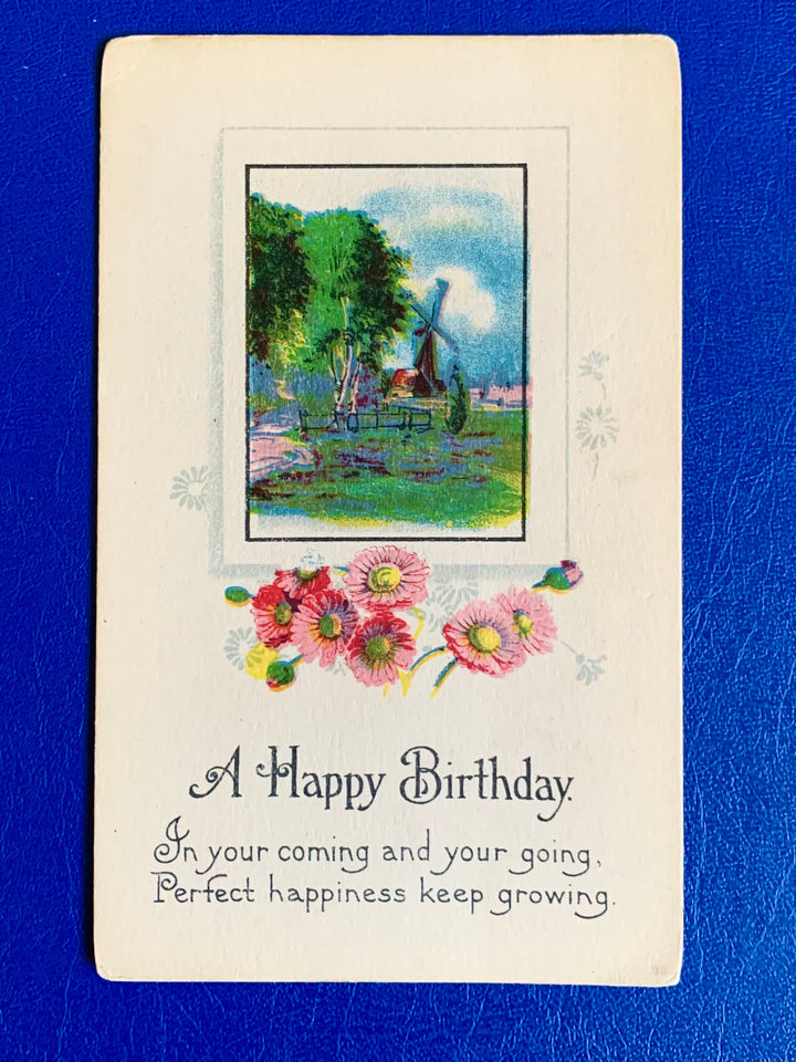 Vintage/Antiqur Birthday Postcard - Unused - Floral and Windmill Scene