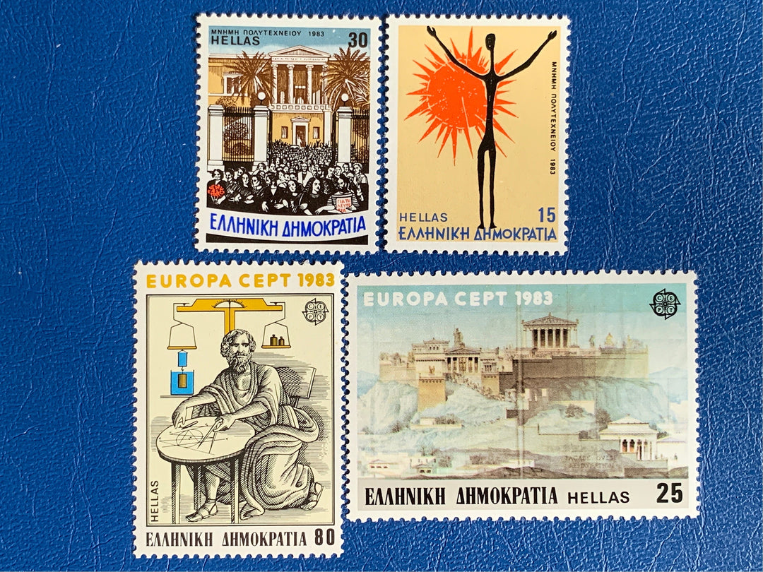 Greece - Original Vintage Postage Stamps- 1983 Acropolis, Archimedes Priniciple & Anniversary of National Tech University Uprising