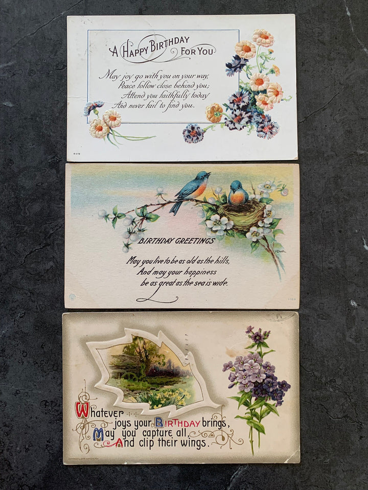 Vintage/Antique Birthday Postcard Pack - Floral/Bird - for the collector, artist, crafter - paper crafts, scrapbooks, junk journals, decor