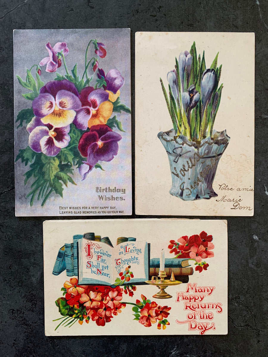 Vintage/Antique Birthday Postcard Pack - Floral - for the collector, artist, crafter - paper crafts, scrapbooks, junk journals, decor