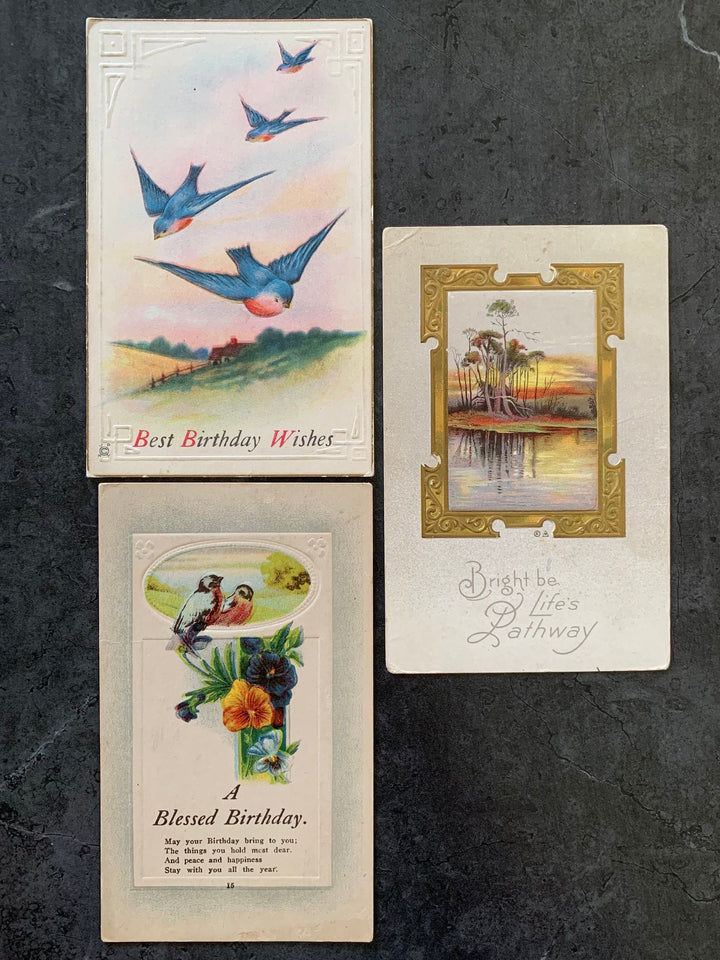 Vintage/Antique Birthday Postcard Pack - Floral/Bird - for the collector, artist, crafter - paper crafts, scrapbooks, junk journals, decor
