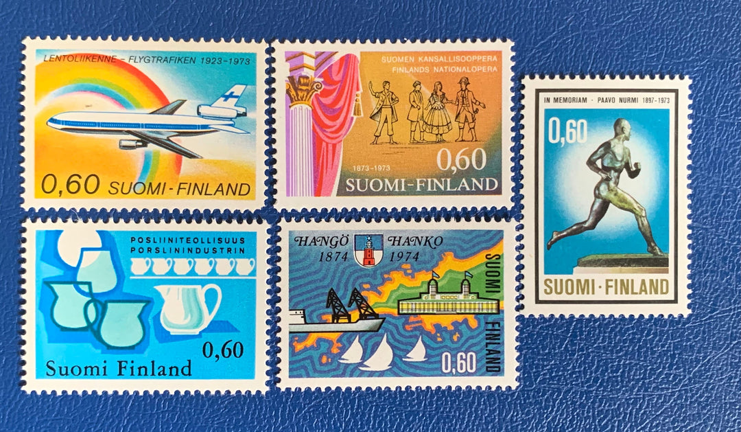 Finland - Original Vintage Postage Stamps- 1973-74 -Opera, Porcelain Factory, Air Traffic, Paava Nurmi, Hanko City