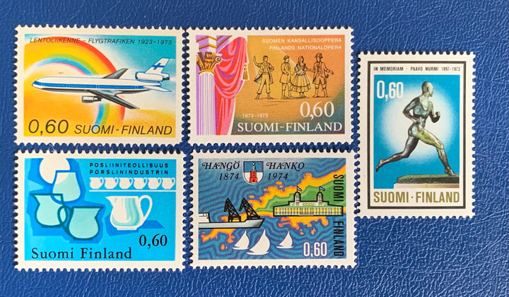 Finland - Original Vintage Postage Stamps- 1973-74 -Opera, Porcelain Factory, Air Traffic, Paava Nurmi, Hanko City