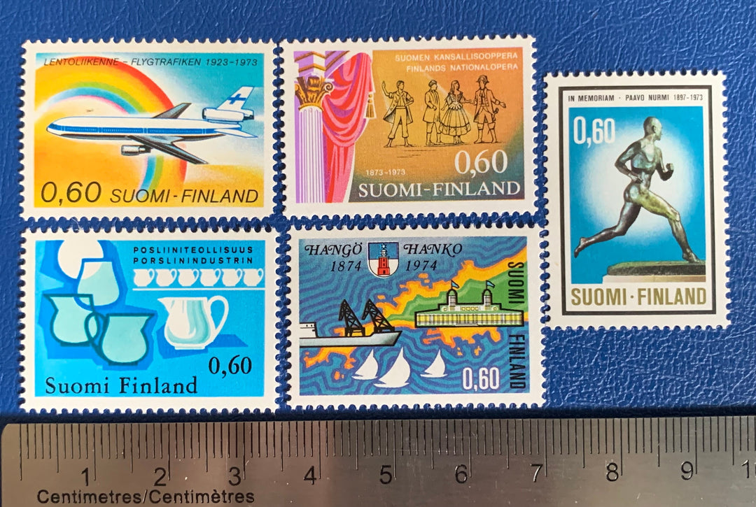Finland - Original Vintage Postage Stamps- 1973-74 -Opera, Porcelain Factory, Air Traffic, Paava Nurmi, Hanko City
