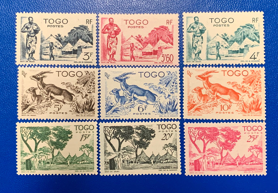 Togo - Original Vintage Postage Stamps- 1947- Village & Drummer, Gazelle, Village Square - for the collector, artist or crafter