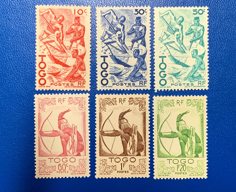 Togo - Original Vintage Postage Stamps- 1947- Extracting Palm Oil, Archers - for the collector, artist or crafter