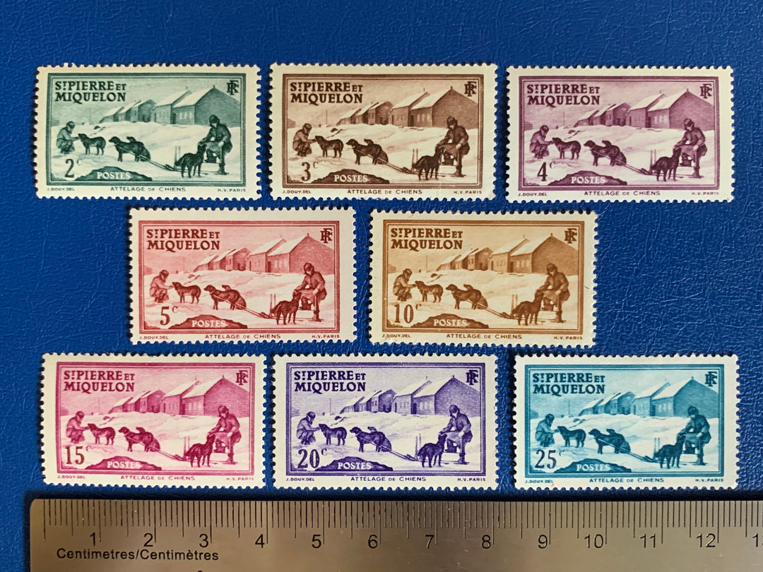 Saint-Pierre et Miquelon - Original Vintage Postage Stamps- 1938- Definitives - Dog Team - for the collector, artist or crafter