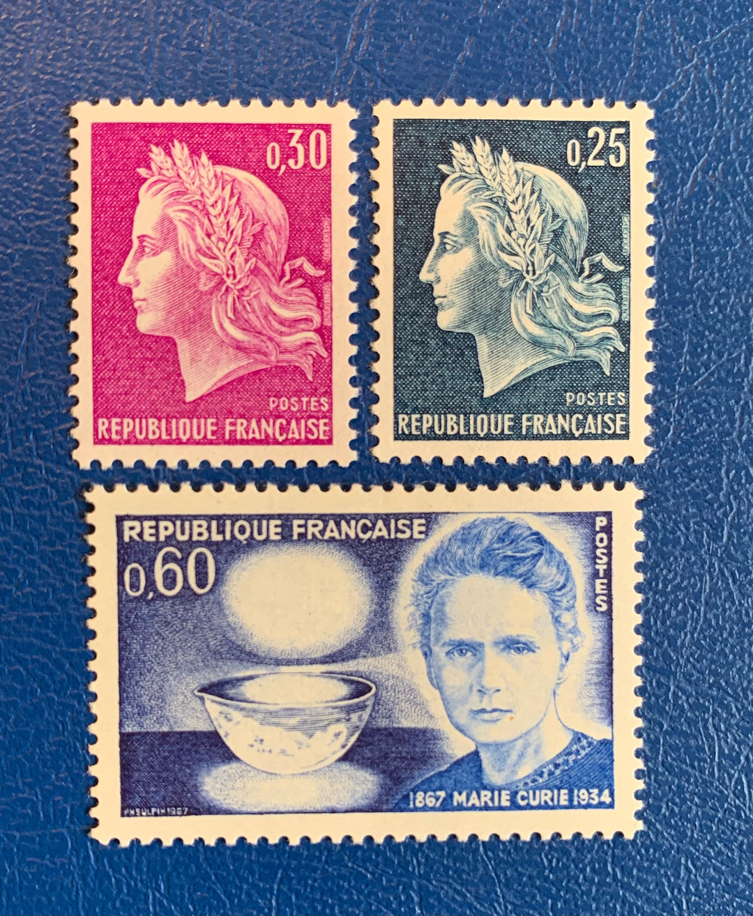 France - Original Vintage Postage Stamps- 1967 - Marianne & Madame Curry - for the collector, artist or crafter