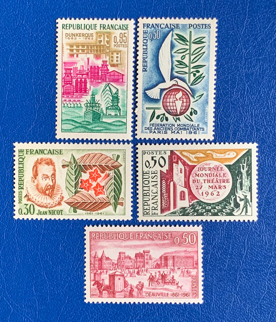 France - Original Vintage Postage Stamps- 1961/2 - Cession of Dunkirk, Jean Nicol & Tobacco, Veterans, Centenary Deauville, World Theatre