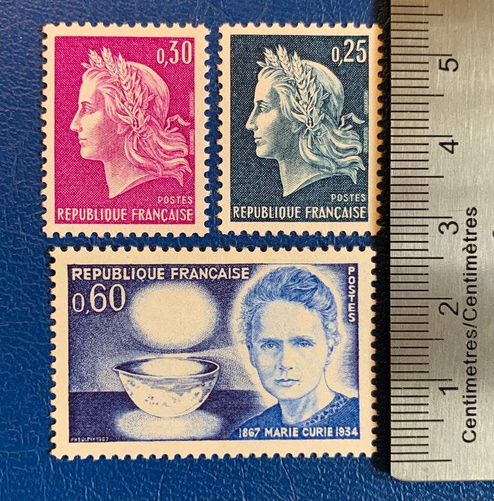 France - Original Vintage Postage Stamps- 1967 - Marianne & Madame Curry - for the collector, artist or crafter